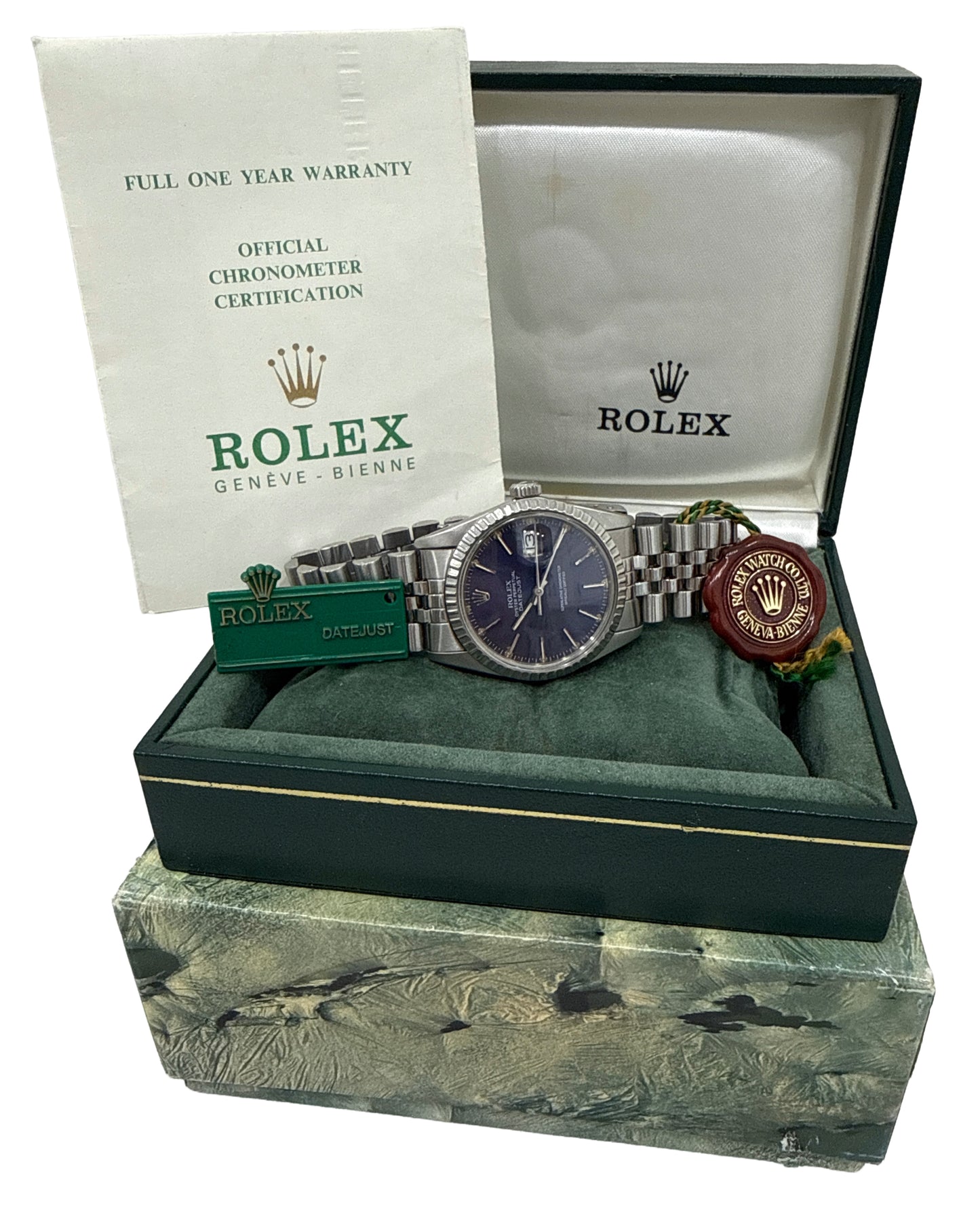 PAPERS Rolex DateJust 36mm BLUE Stainless Steel Engine-Turned JUBILEE 16030 BOX