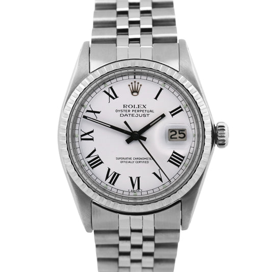 1968 Rolex DateJust 36mm BUCKLEY White Roman Stainless Steel JUBILEE Watch 1603
