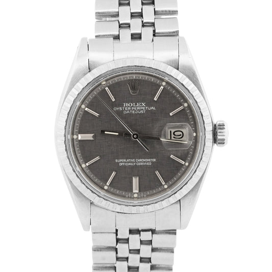 1973 Rolex DateJust 36mm GRAY LINEN Stainless Engine-Turned JUBILEE Watch 1603