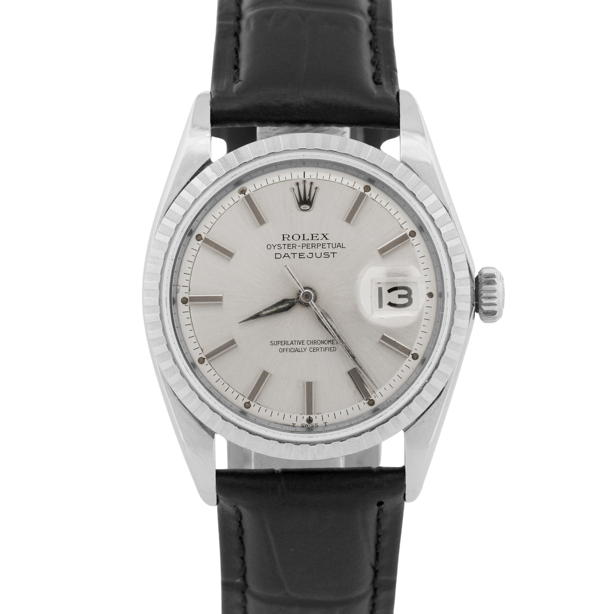 Unpolished 1964 Rolex DateJust 1603 Silver Alpha Hands Engine-Turned 36mm Watch