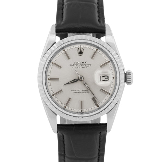 Unpolished 1964 Rolex DateJust 1603 Silver Alpha Hands Engine-Turned 36mm Watch