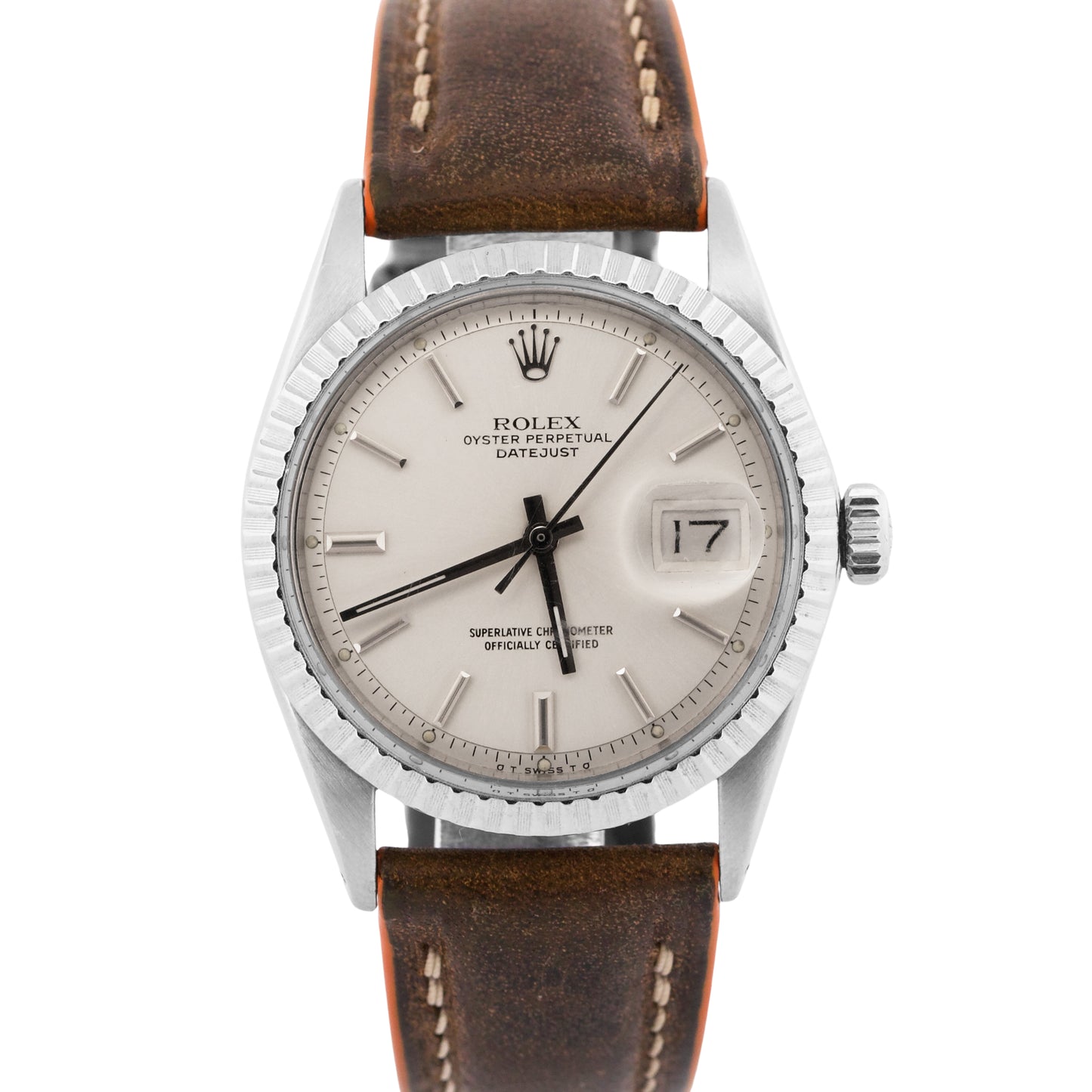 1971 Rolex DateJust 36mm SILVER Stainless Steel Engine-Turned Leather Watch 1603