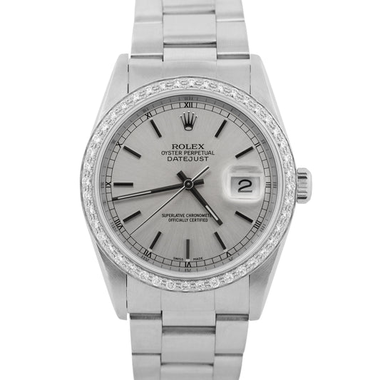 Rolex DateJust 36mm SILVER DIAMOND Stainless Steel Oyster NO-HOLES Watch 16200