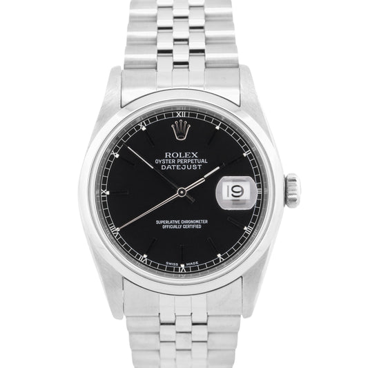 Rolex DateJust 36mm BLACK Stainless Steel JUBILEE Smooth Automatic Watch 16200