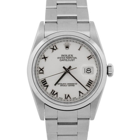 2004 Rolex DateJust 16200 White Roman Stainless Steel 36mm Oyster RSC Box Papers
