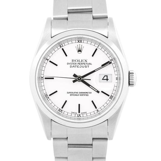 APRIL 2026 CPO PAPERS Rolex DateJust 36mm WHITE Steel Smooth OYSTER Watch 16200