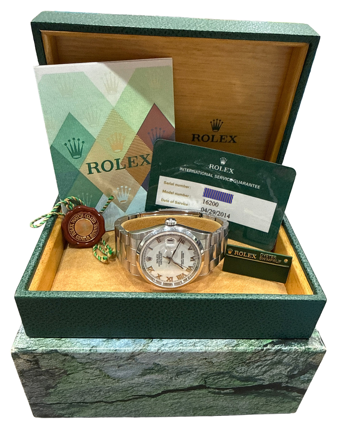 2004 Rolex DateJust 16200 White Roman Stainless Steel 36mm Oyster RSC Box Papers