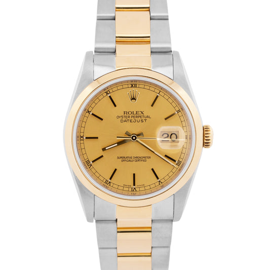 1989 Rolex DateJust 36mm CHAMPAGNE Two-Tone 18K Yellow Gold Steel Watch 16203