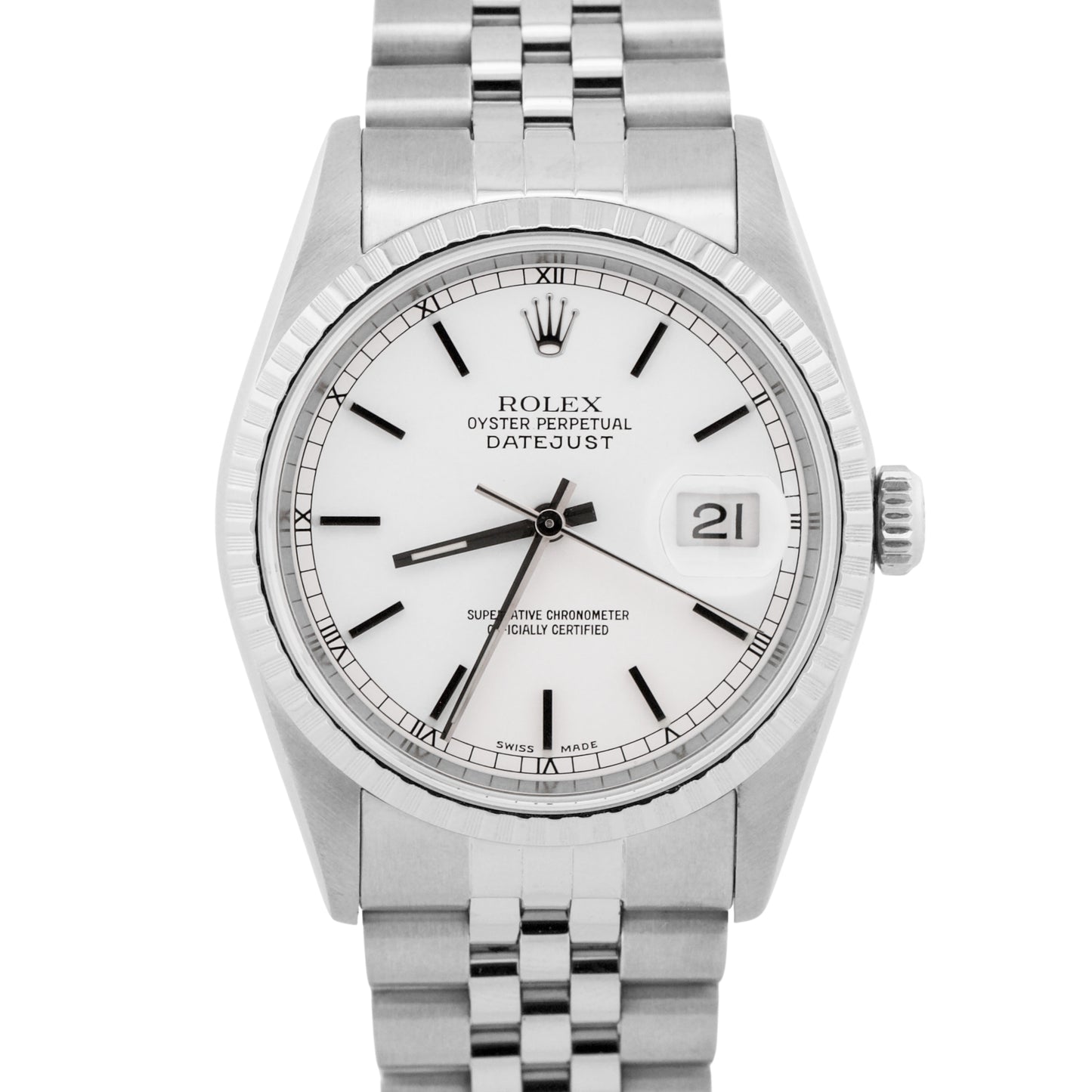 2000 PAPERS Rolex DateJust WHITE 36mm Stainless Engine-Turned JUBILEE 16220 BOX
