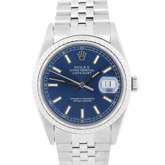 1990 PAPERS Rolex DateJust BLUE 36mm Stainless Engine-Turned JUBILEE 16220 BOX