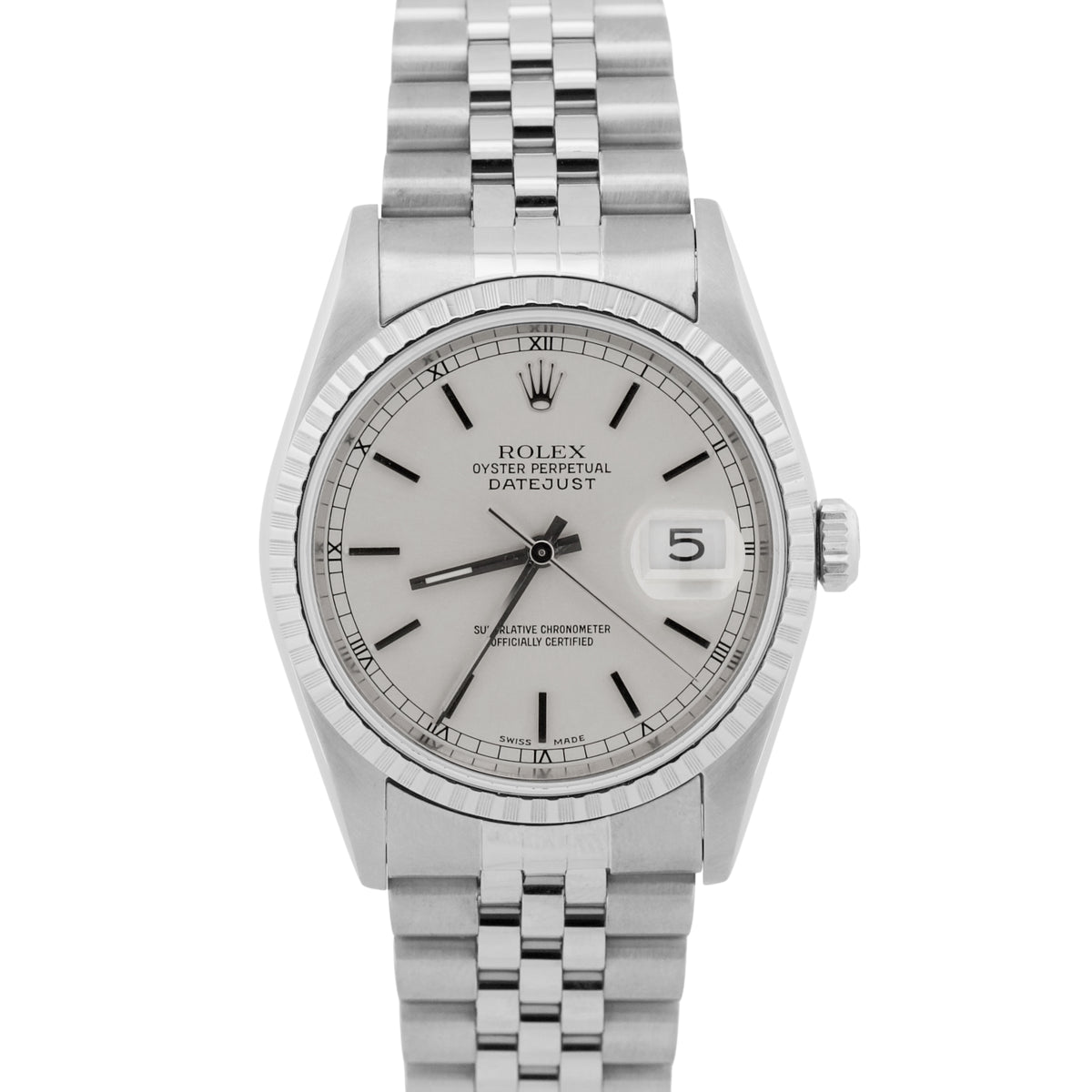 2001 Rolex DateJust 16220 Silver 36mm Stainless Engine-Turned Jubilee Box Papers