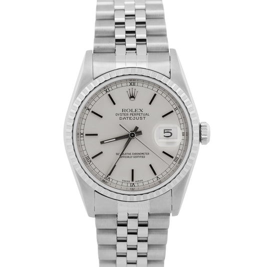 2001 Rolex DateJust 16220 Silver 36mm Stainless Engine-Turned Jubilee Box Papers