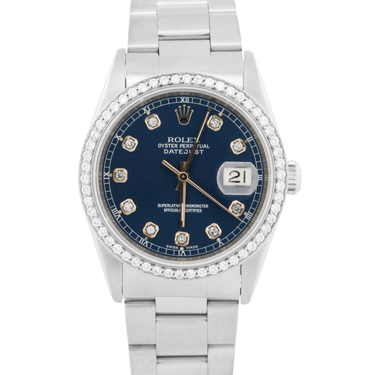 Rolex DateJust 36mm BLUE DIAMOND Stainless Steel OYSTER Automatic Watch 16220