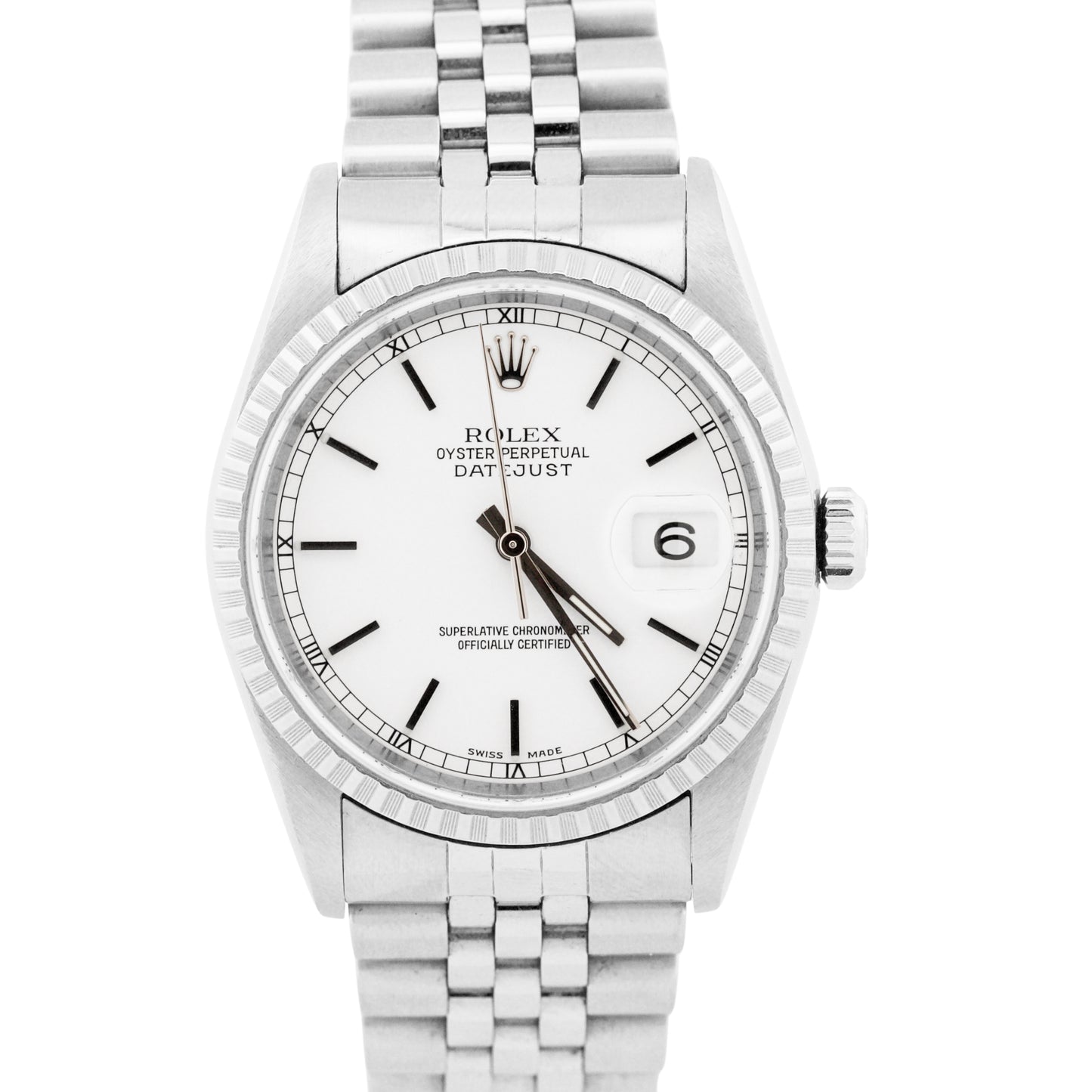 PAPERS Rolex DateJust WHITE 36mm Stainless Steel Engine-Turned JUBILEE 16220 BOX