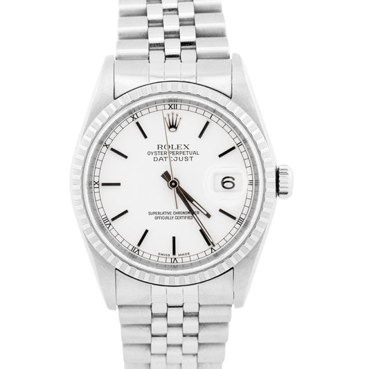 PAPERS Rolex DateJust WHITE 36mm Stainless Steel Engine-Turned JUBILEE 16220 BOX