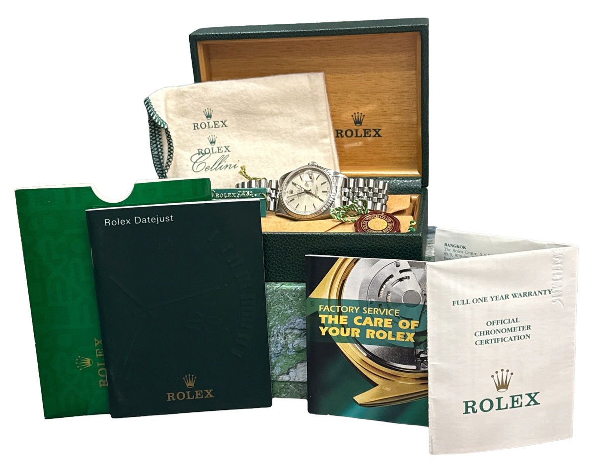 2001 Rolex DateJust 16220 Silver 36mm Stainless Engine-Turned Jubilee Box Papers