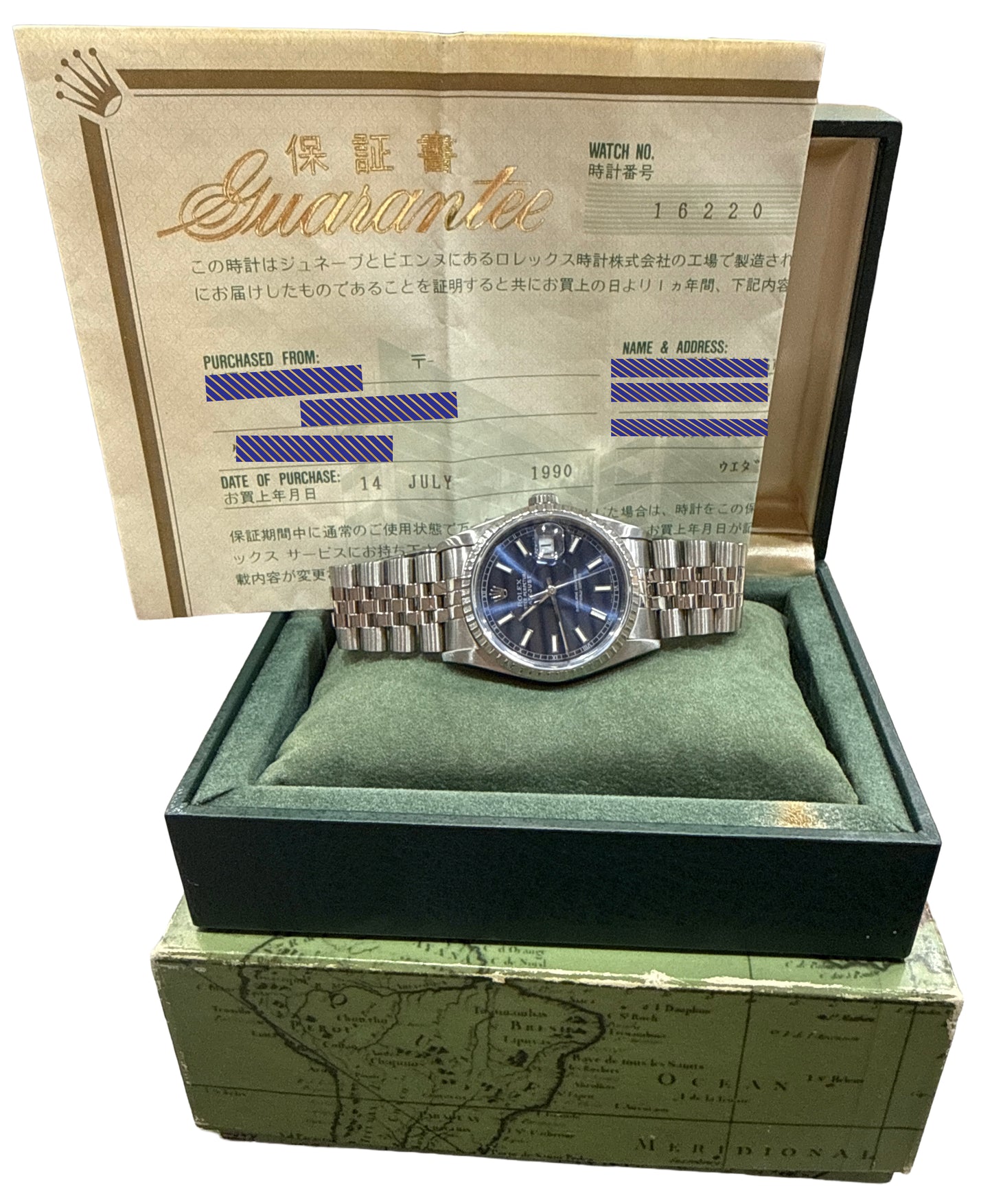 1990 PAPERS Rolex DateJust BLUE 36mm Stainless Engine-Turned JUBILEE 16220 BOX