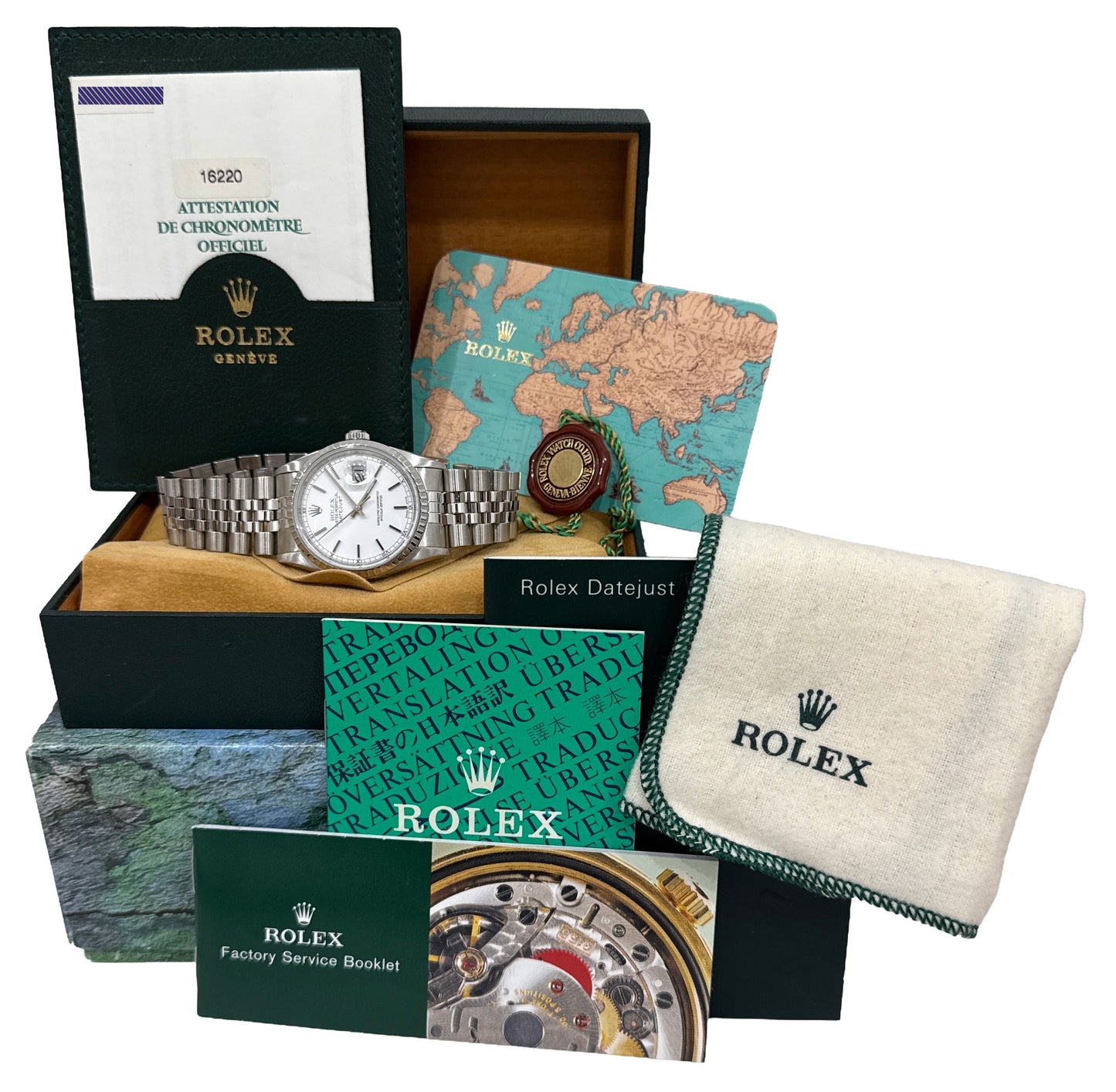 2000 PAPERS Rolex DateJust WHITE 36mm Stainless Engine-Turned JUBILEE 16220 BOX