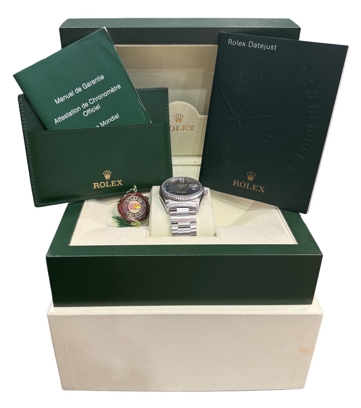 Rolex DateJust 16220 Blue Stainless Steel Engine-Turned Automatic 36mm Watch Box