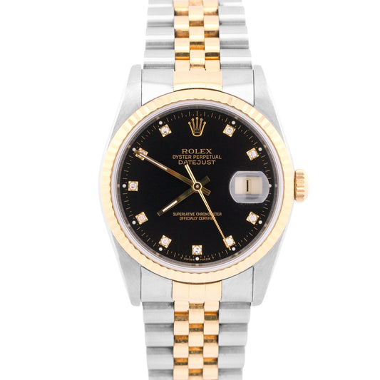 PAPERS Rolex DateJust 36mm FACTORY BLACK DIAMOND 18K Steel JUBILEE 16233 BOX