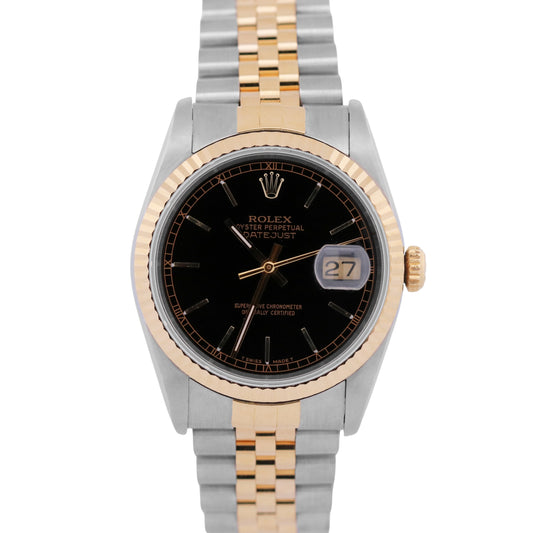 Rolex DateJust 36mm BLACK 18K Yellow Gold Stainless Steel JUBILEE 16233 Watch