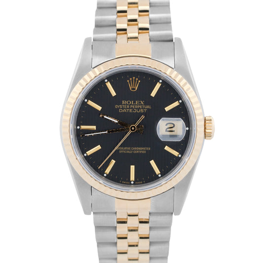 Rolex DateJust 36mm BLACK TAPESTRY 18K Yellow Gold Steel JUBILEE 16233 Watch