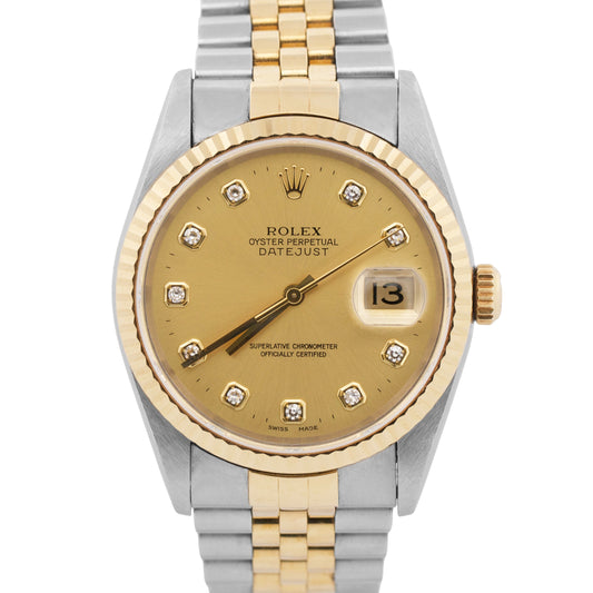 UNPOLISHED PAPERS Rolex DateJust 36mm CHAMPAGNE DIAMOND 18K JUBILEE 16233 BOX