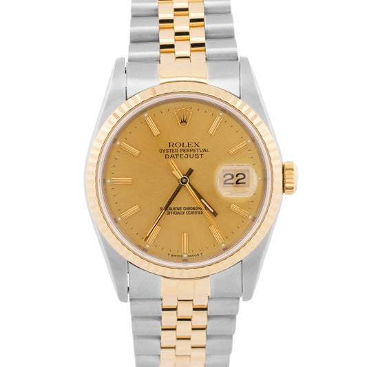 PAPERS Rolex DateJust CHAMPAGNE 18K Yellow Gold Steel JUBILEE 36mm 16233 BOX