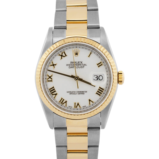 2003 PAPERS Rolex DateJust 36mm WHITE ROMAN 18K Gold Steel OYSTER 16233 BOX