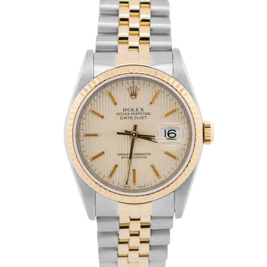 Rolex DateJust 36mm IVORY TAPESTRY Two-Tone 18K Gold Steel JUBILEE Watch 16233