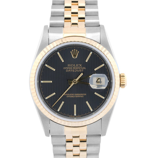 Rolex DateJust 36mm BLACK TAPESTRY 18K Yellow Gold JUBILEE Steel 16233 Watch