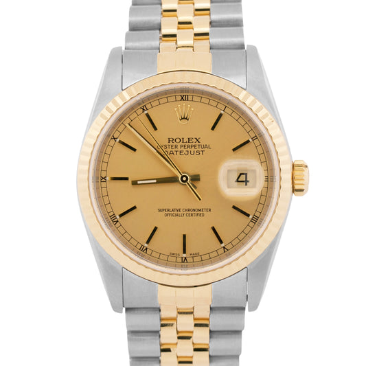 1990 PAPERS Rolex DateJust CHAMPAGNE 18K Gold Steel JUBILEE 36mm 16233 Watch BOX