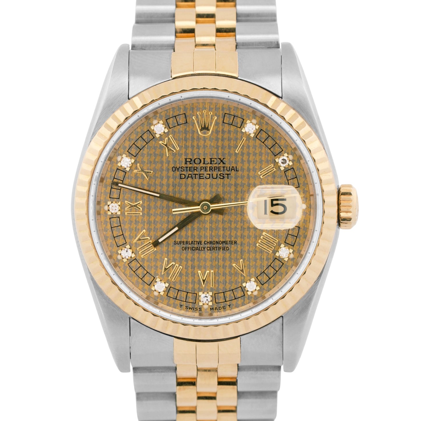 1989 Rolex DateJust 36mm FACTORY HOUNDSTOOTH DIAMOND 18K Steel JUBILEE 16233