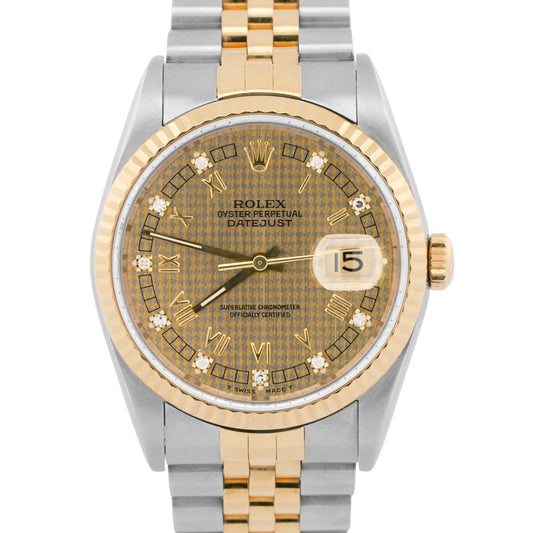 1989 Rolex DateJust 36mm FACTORY HOUNDSTOOTH DIAMOND 18K Steel JUBILEE 16233