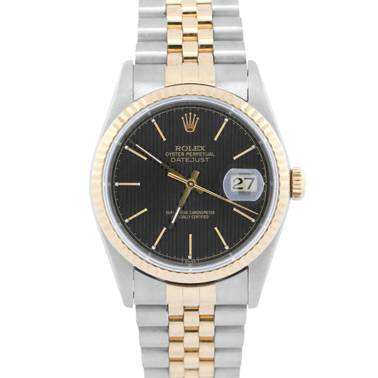 Rolex DateJust 36mm BLACK TAPESTRY 18K Yellow Gold Steel JUBILEE 16233 Watch