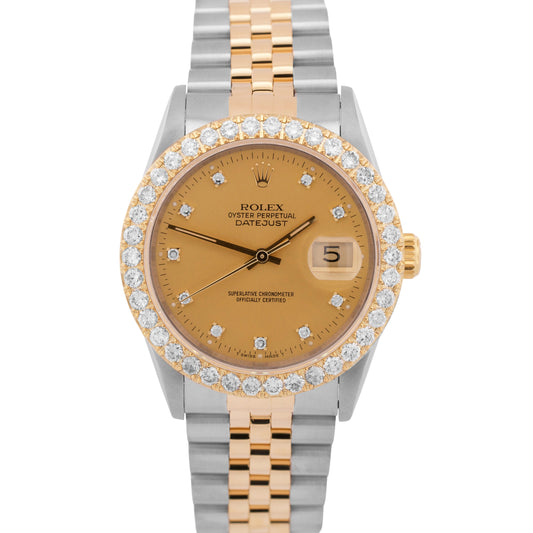 Rolex DateJust 36mm CHAMPAGNE DIAMOND 18K Yellow Gold Steel JUBILEE Watch 16233