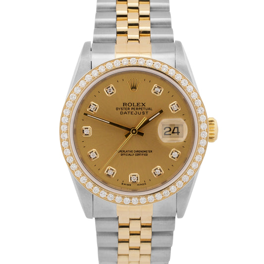 Rolex DateJust 36mm CHAMPAGNE DIAMOND Two-Tone 18K Gold Steel JUBILEE 16233