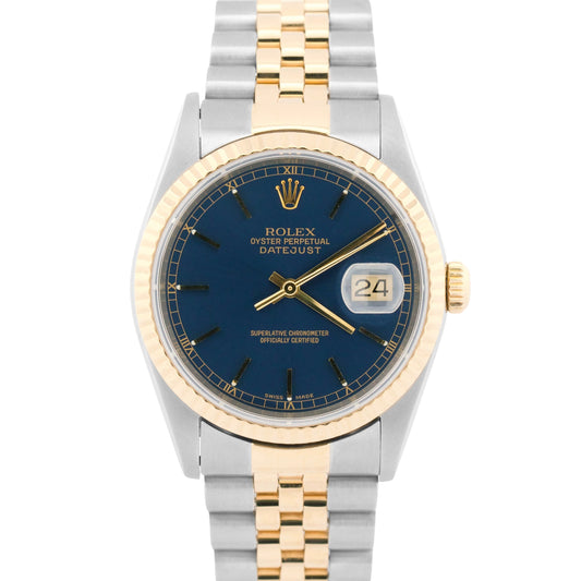 Rolex DateJust 36mm BLUE Two-Tone Steel JUBILEE 18K Yellow Gold Watch 16233