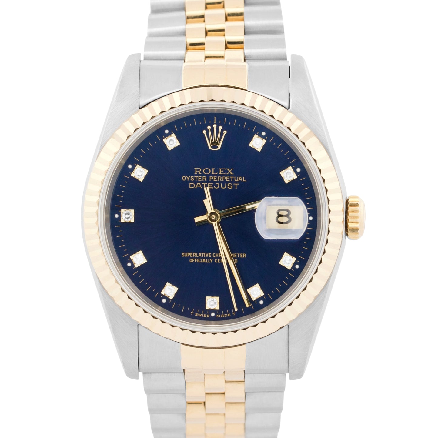 1989 PAPERS Rolex DateJust 36mm FACTORY BLUE DIAMOND Steel JUBILEE 18K 16233 BOX
