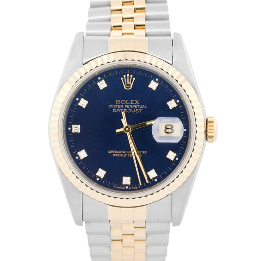 1989 PAPERS Rolex DateJust 36mm FACTORY BLUE DIAMOND Steel JUBILEE 18K 16233 BOX