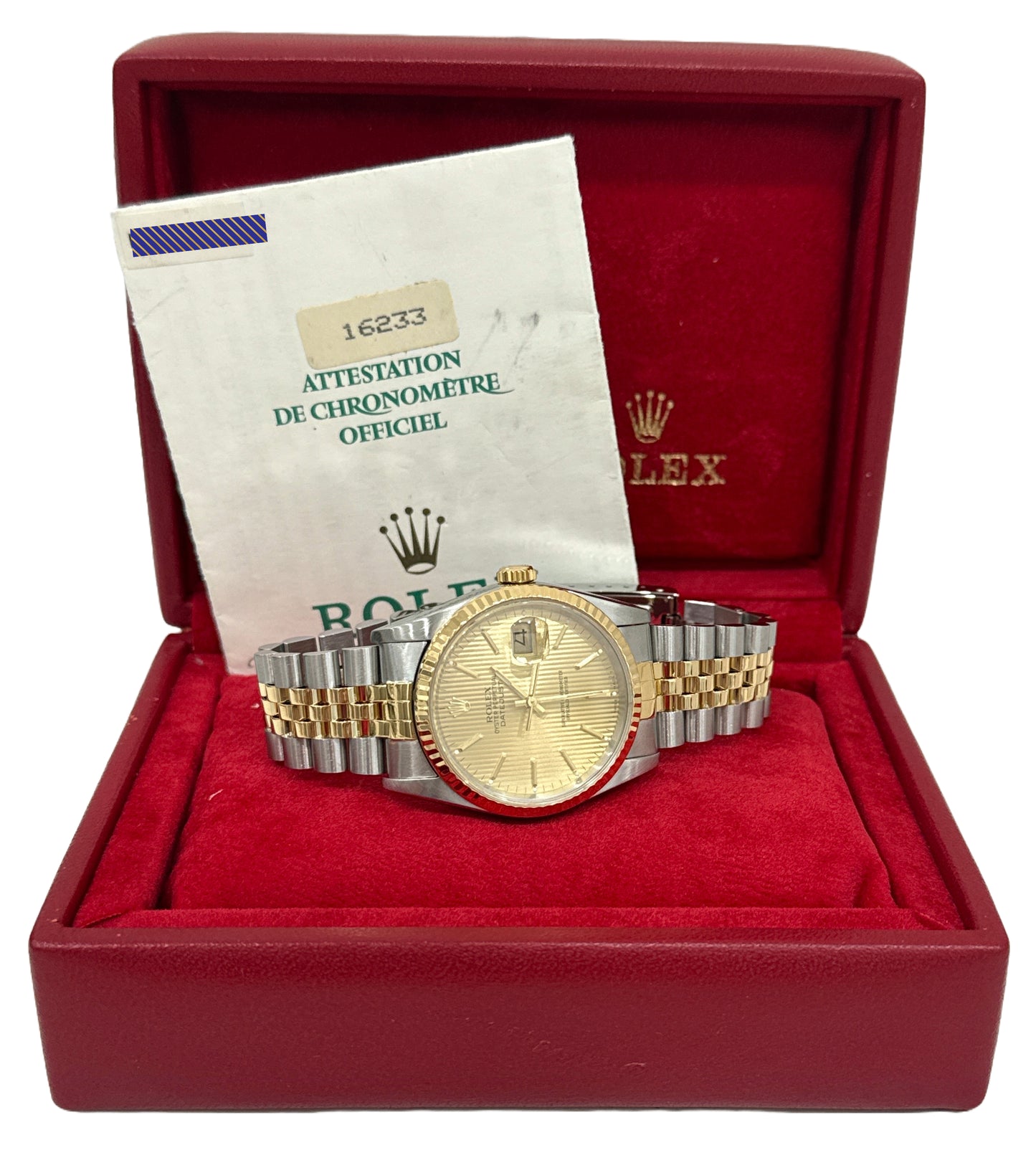 PAPERS Rolex DateJust 36mm CHAMPAGNE TAPESTRY 18K Gold Steel JUBILEE 16233 BOX