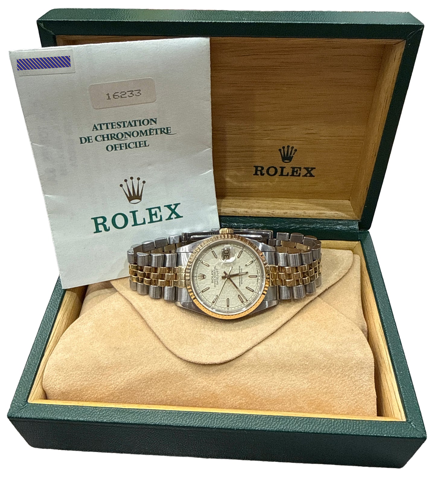 PAPERS Rolex DateJust IVORY WHITE COMPUTER 18K Steel Gold JUBILEE 36mm 16233 BOX