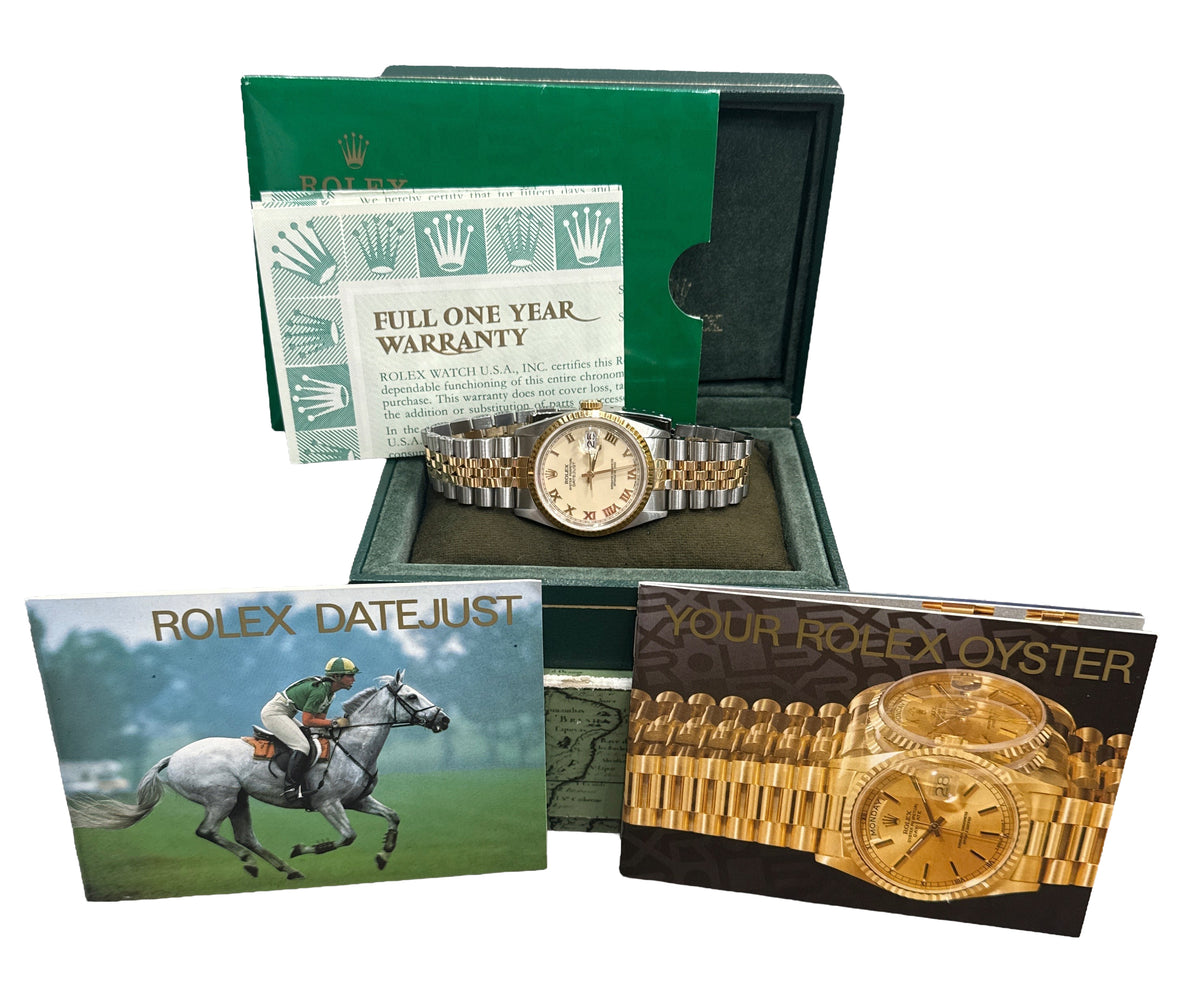 Rolex DateJust 16233 Cream Roman 18K Yellow Gold Jubilee 36mm Watch Box Papers