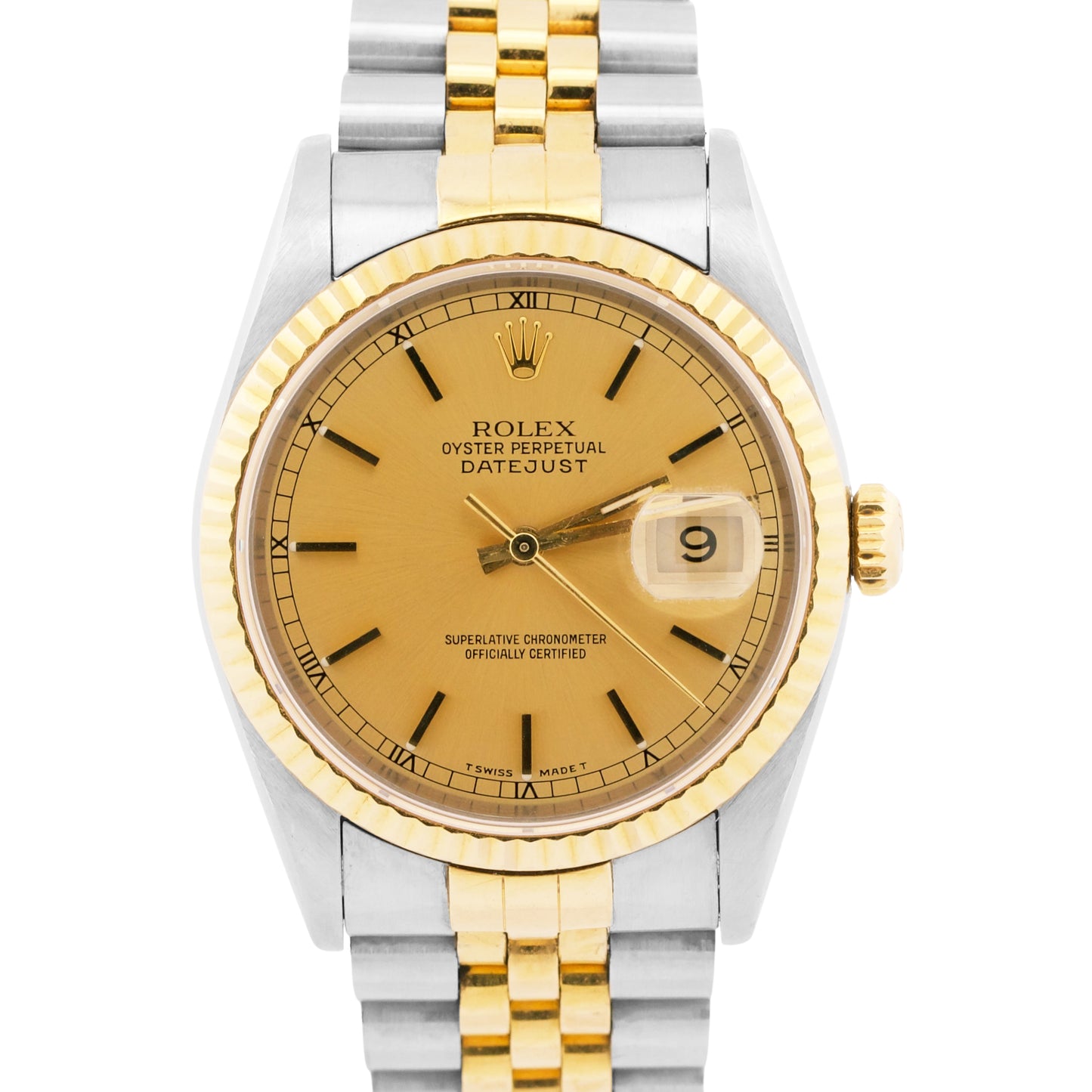 1996 PAPERS Rolex DateJust 36mm CHAMPAGNE No-Holes Steel JUBILEE 18K 16233 BOX