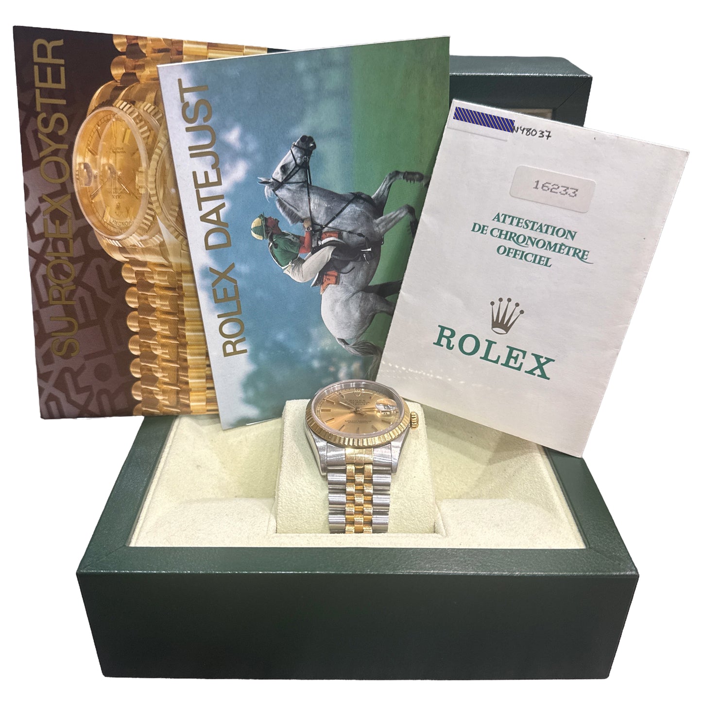 1996 PAPERS Rolex DateJust 36mm CHAMPAGNE No-Holes Steel JUBILEE 18K 16233 BOX