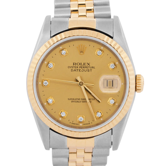 1995 Rolex DateJust 36mm CHAMPAGNE DIAMOND 18K Gold NO-HOLES Steel JUBILEE 16233
