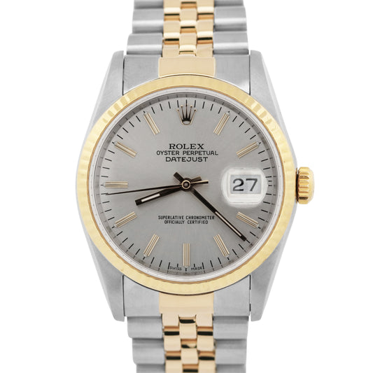 Rolex DateJust 36mm SILVER Two-Tone 18K Yellow Gold Steel Fluted JUBILEE 16233