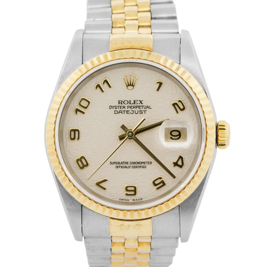 Rolex DateJust 36mm JUBILEE IVORY ARABIC 18K Yellow Gold Steel 16233 Watch
