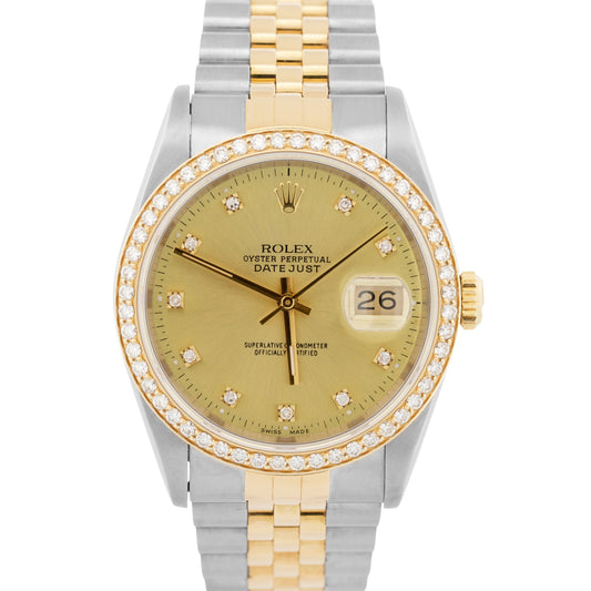 Rolex DateJust 36mm CHAMPAGNE DIAMOND 18K Yellow Gold Steel JUBILEE 16233 Watch