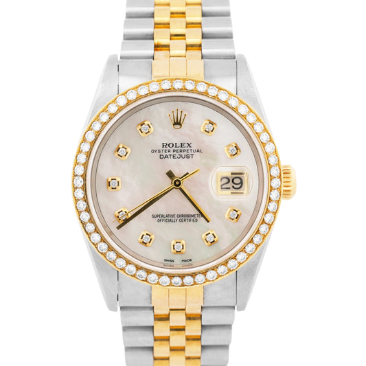 2001 PAPERS Rolex DateJust MOP DIAMOND 18K Steel Gold JUBILEE 36mm 16233 BOX